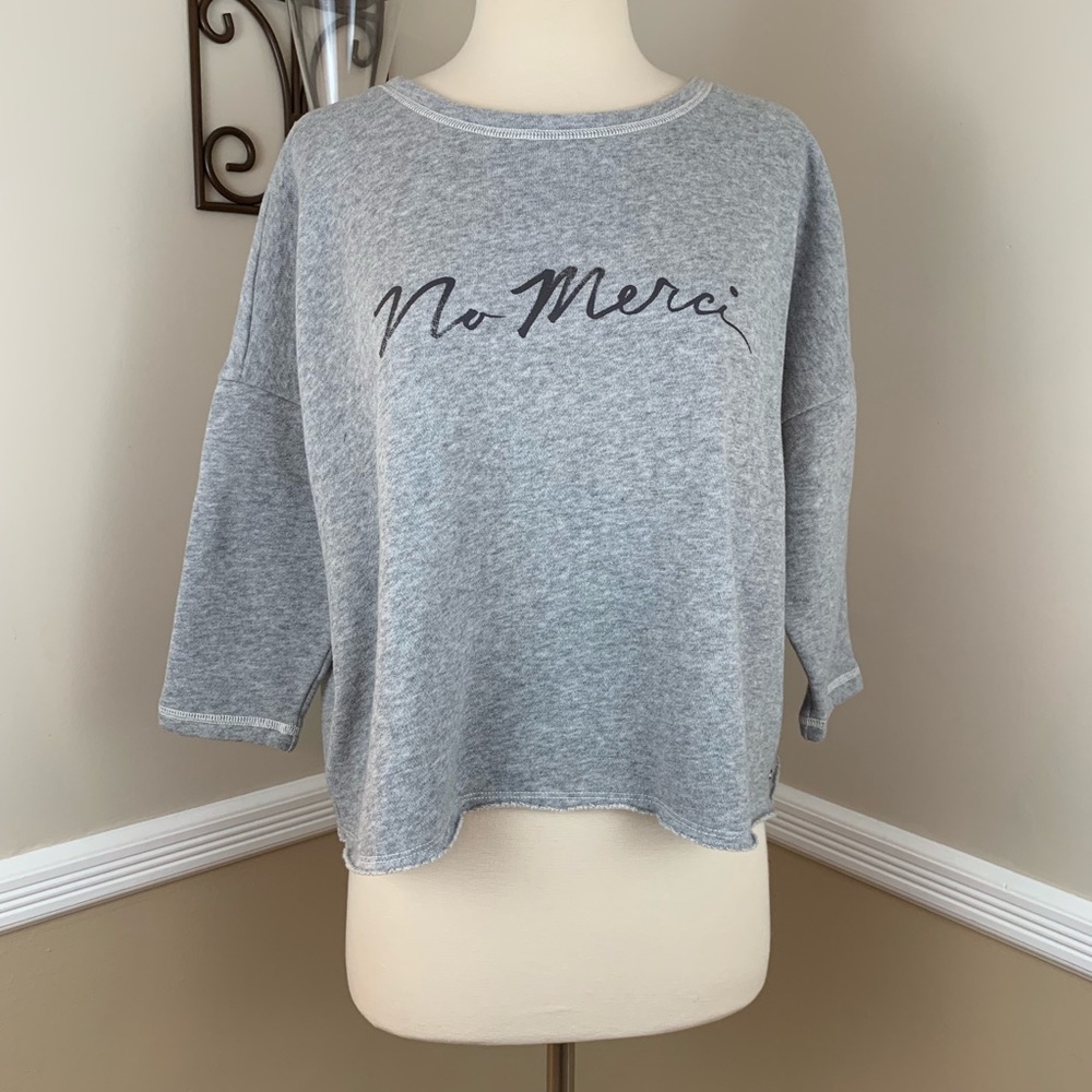 AEO No Merci Grey Cropped Raw Hem Sweatshirt Top